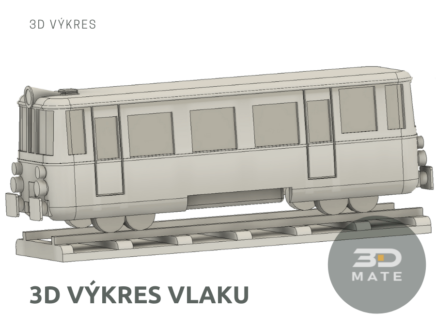 3D výkres modelu vlaku, který budeme vizualizovat a následně tisknout na 3D tiskárně